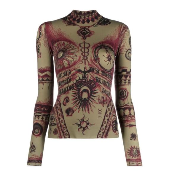 Marine Serre Green Geotic Tattoo Turtleneck Longsleeve Top Womens Medium - Picture 12 of 12